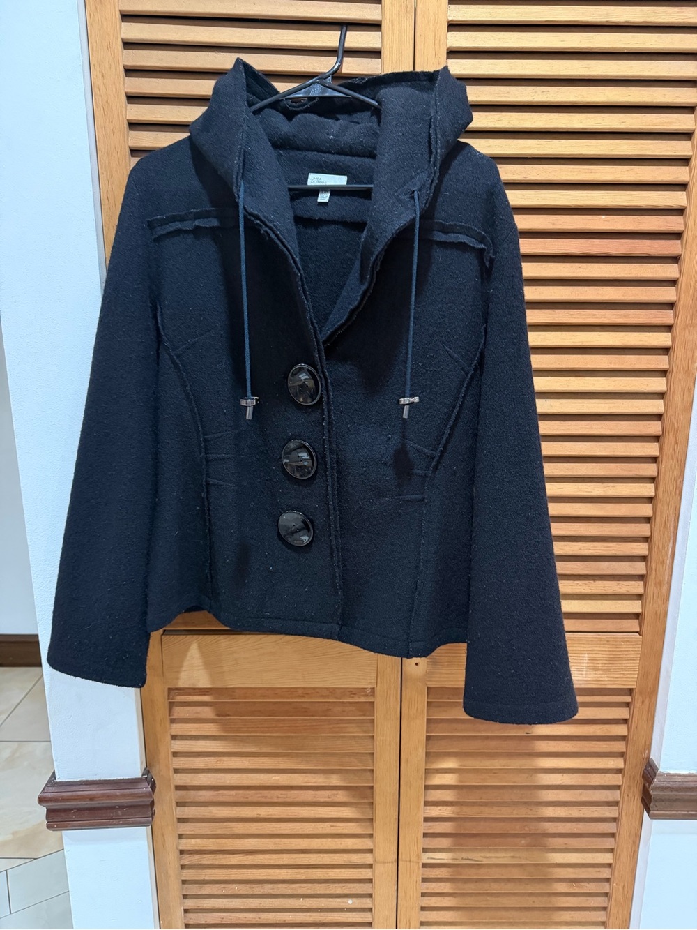 Linea Domani Black 100% Wool Hooded Coat Jacket Women's L Y2556 Fair Condition